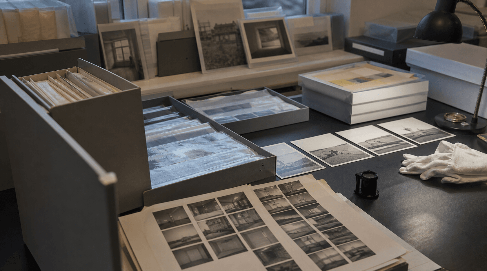 Fonds photographique en cours d'inventaire avec boîtes, négatifs et tirages d'architecture