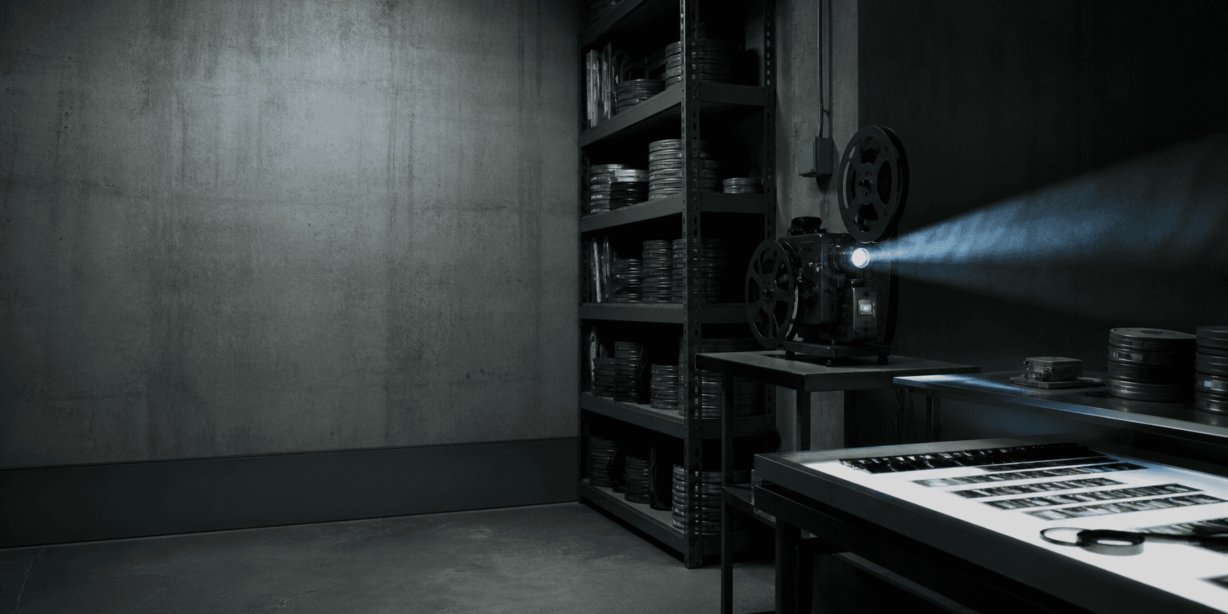 Table lumineuse et bobines de film dans une réserve grise